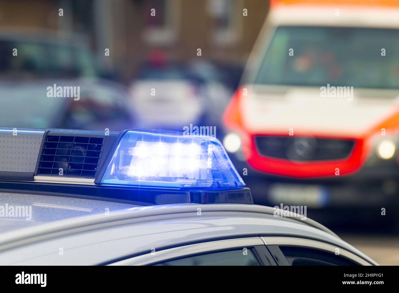 Patrol car, police, with front flashers, LED light, blue light, Germany Stock Photo