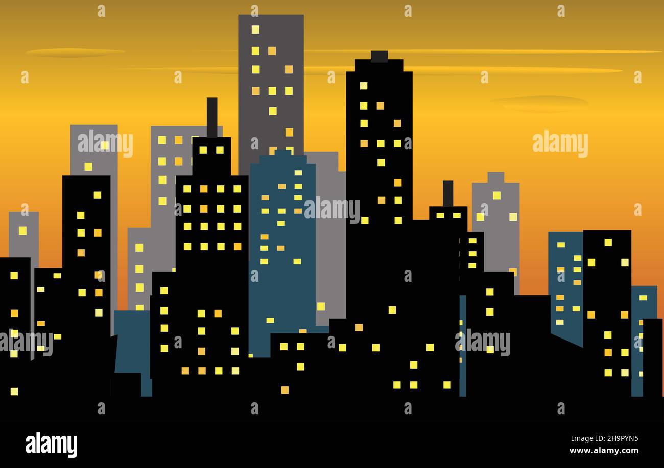 Big City Skyline Sunset color vector illustration Stock Vector