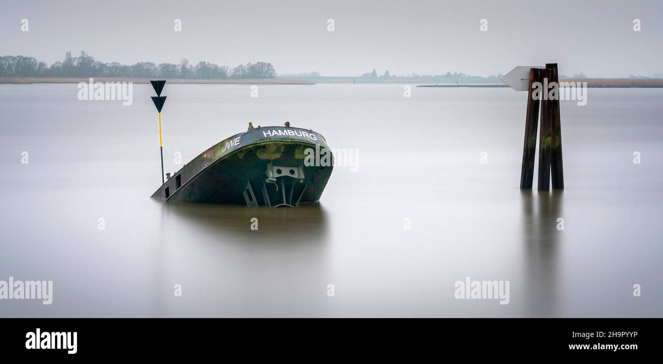 Stern of the stranded barge Uwe in the Elbe near Blankenese, Hamburg, Germany Stock Photo