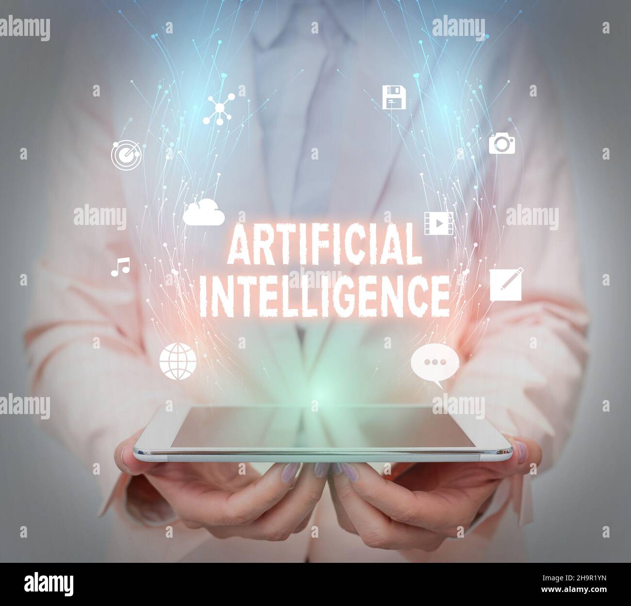 Conceptual caption Artificial Intelligence. Business overview Machine copy Cognitive function like Problem Solving Business Woman Using Phone While Stock Photo