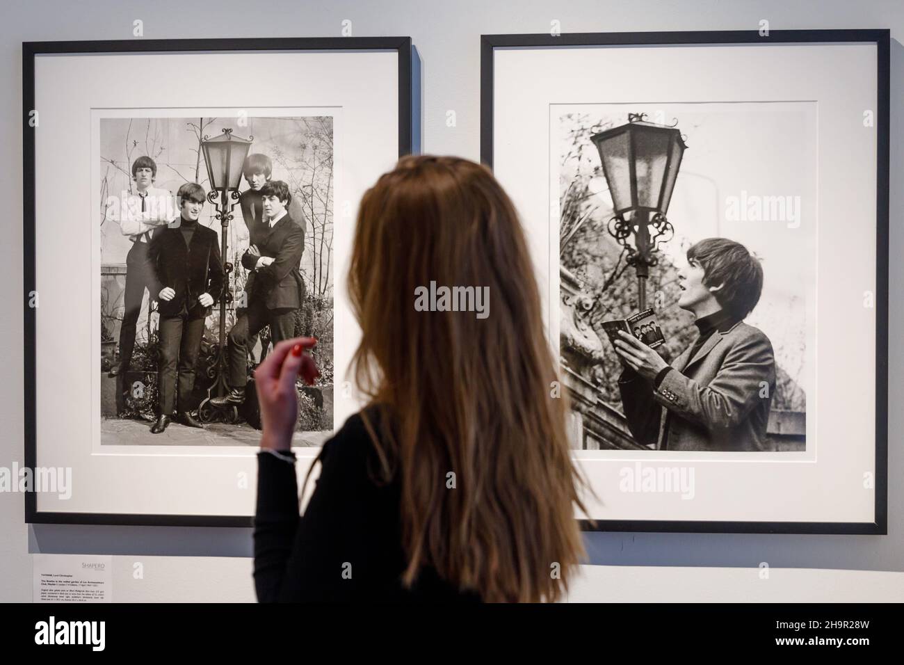Lost photographs of The Beatles, Shapero Modern Gallery, London, UK. 8th December 2021. Candid photographs of The Beatles on the set of their first film A Hard Day’s Night, go on display for the first time at Shapero Modern Gallery, London. Lord Thynne, son of the 6th Marquess of Bath, captured these images in the spring of 1964. They were recently rediscovered in family papers after 57 years and developed from negatives. On display in a rare exhibition, 09/12/2021 - 16/01/2022.  Amanda Rose/Alamy Live News Stock Photo