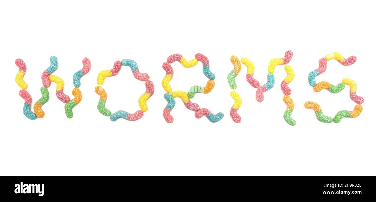 Word WORMS made from multicolored gummy candies isolated on white background Stock Photo