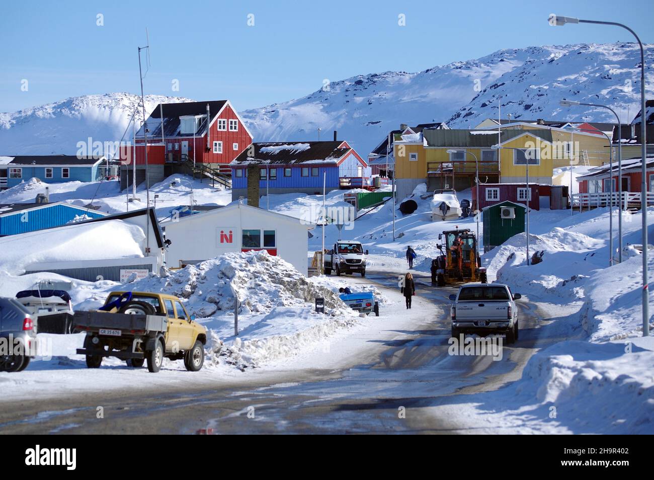 Street with ice, snow, small town, winter, Ilulissat, West Greenland, Arctic, Greenland, Denmark Stock Photo