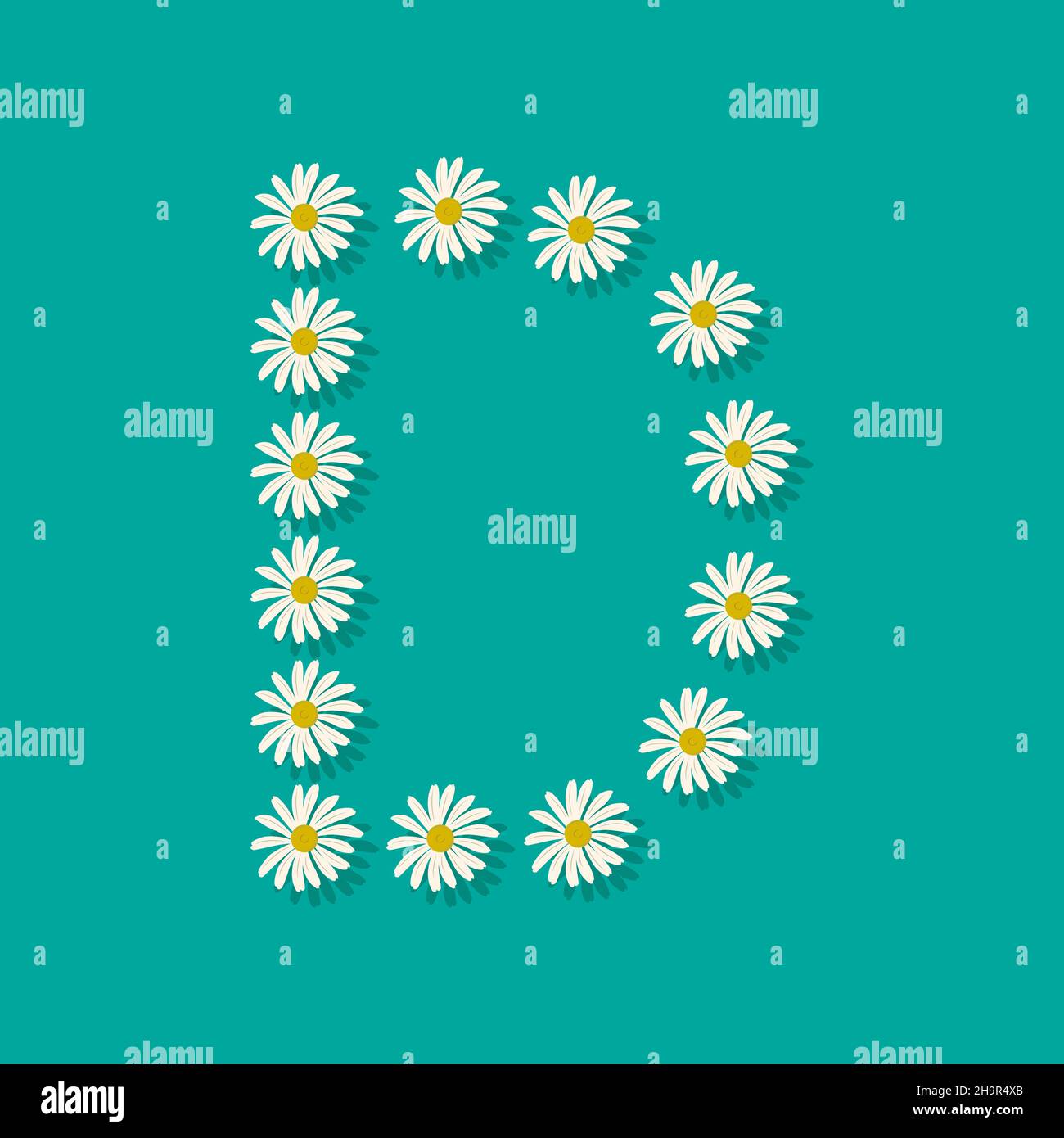 Letter D from white chamomile flowers. Festive font or decoration for spring or summer holiday and design. Vector flat illustration Stock Vector