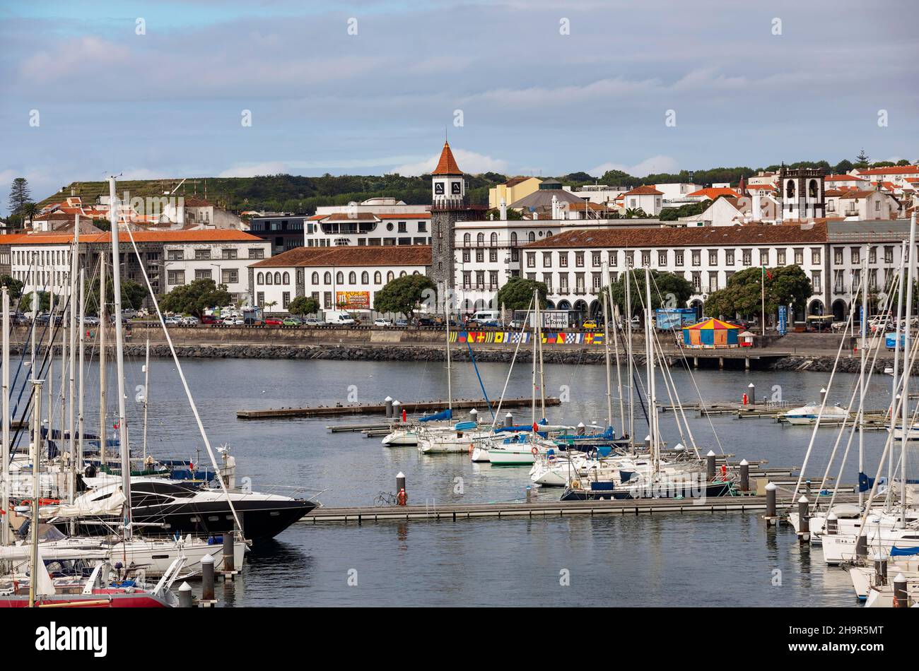 View over the marina and the promenade of Ponta Delgada, Sao Miguel Island, Azores, Portugal Stock Photo