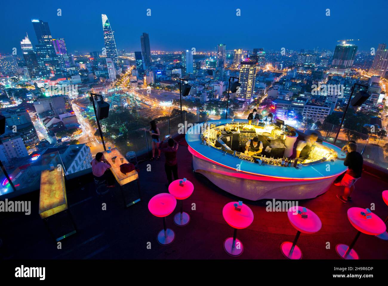 Night Chill Skybar with Skyline Saigon, Centre with Bitexco Tower, District 1, Ho Chi Minh City, Vietnam Stock Photo