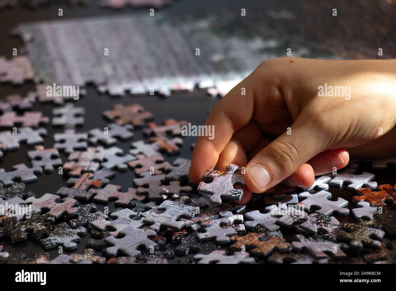 Piece of jigsaw puzzle in child hands. Search for the right part Stock Photo