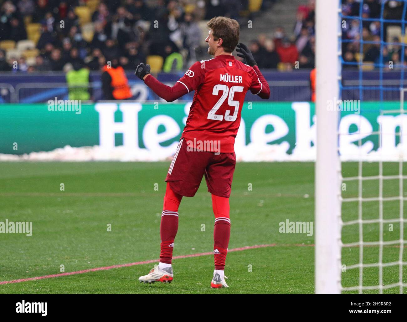 KYIV, UKRAINE - NOVEMBER 23, 2021: Portrait of forward Thomas Muller of Bayern Munchen seen during the UEFA Champions League game against Dynamo Kyiv at NSC Olimpiyskyi stadium in Kyiv Stock Photo