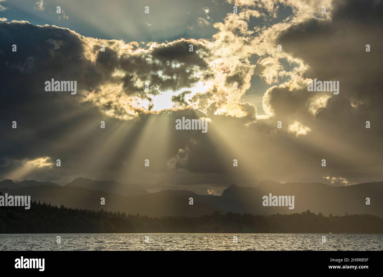 Evening Sun Rays over Lake Windermere oin June, Summertime, Summer Stock Photo