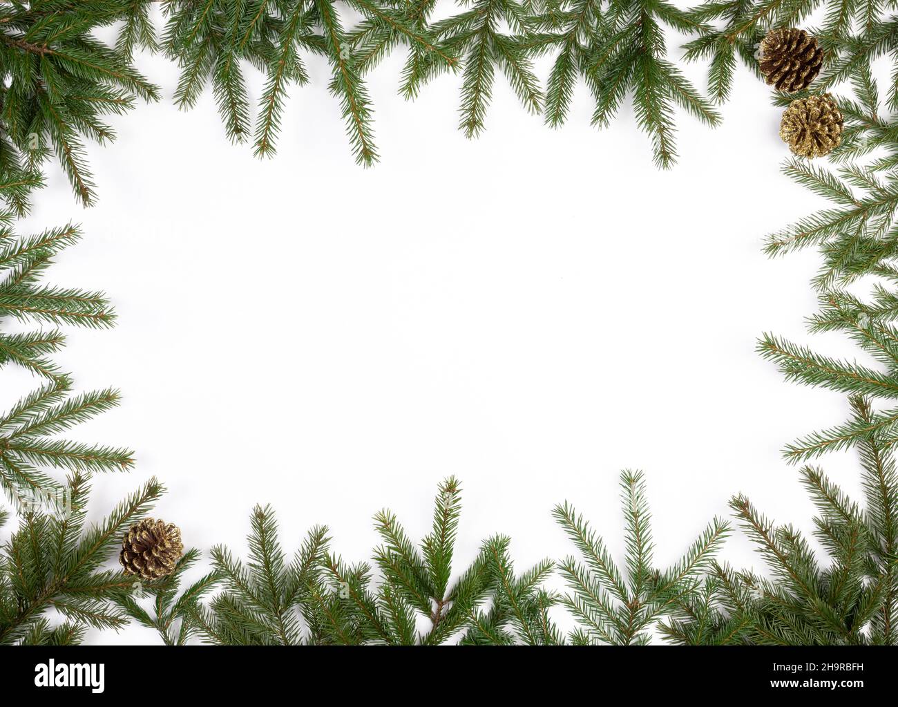 Simple Christmas frame made of fir branches and conifer cones on white ...