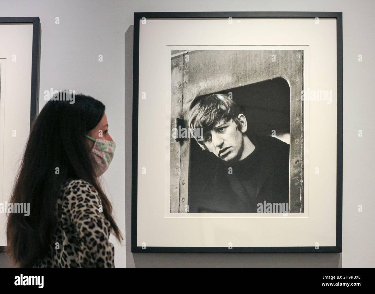 London, UK. 8th Dec, 2021. A staff member looks at the pictures, here Ringo Starr. Rediscovered in family papers after 57 years and developed from negatives, lost photographs of The Beatles are seen in a rare exhibition at Shapero Modern Gallery. The photographer, Lord Thynne, captured candid shots of the band in the spring of 1964, on the set of their first film A Hard Day's Night. The negatives remained undeveloped for fifty-seven years. Credit: Imageplotter/Alamy Live News Stock Photo