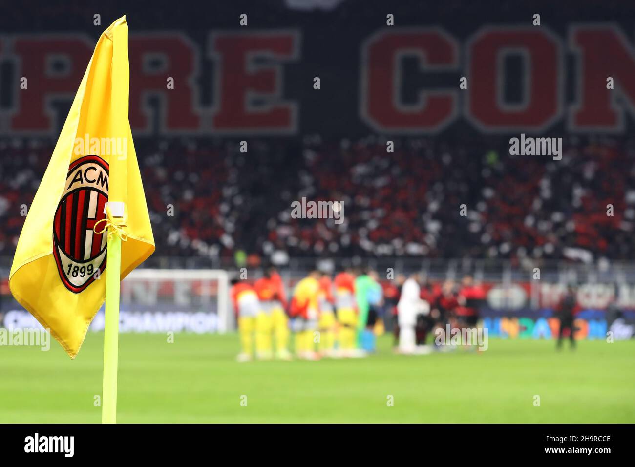 Milan, Italy, 7th December 2021. A general view showing an AC Milan branded corner flag prior to kick off in the UEFA Champions League match at Giuseppe Meazza, Milan. Picture credit should read: Jonathan Moscrop / Sportimage Credit: Sportimage/Alamy Live News Stock Photo