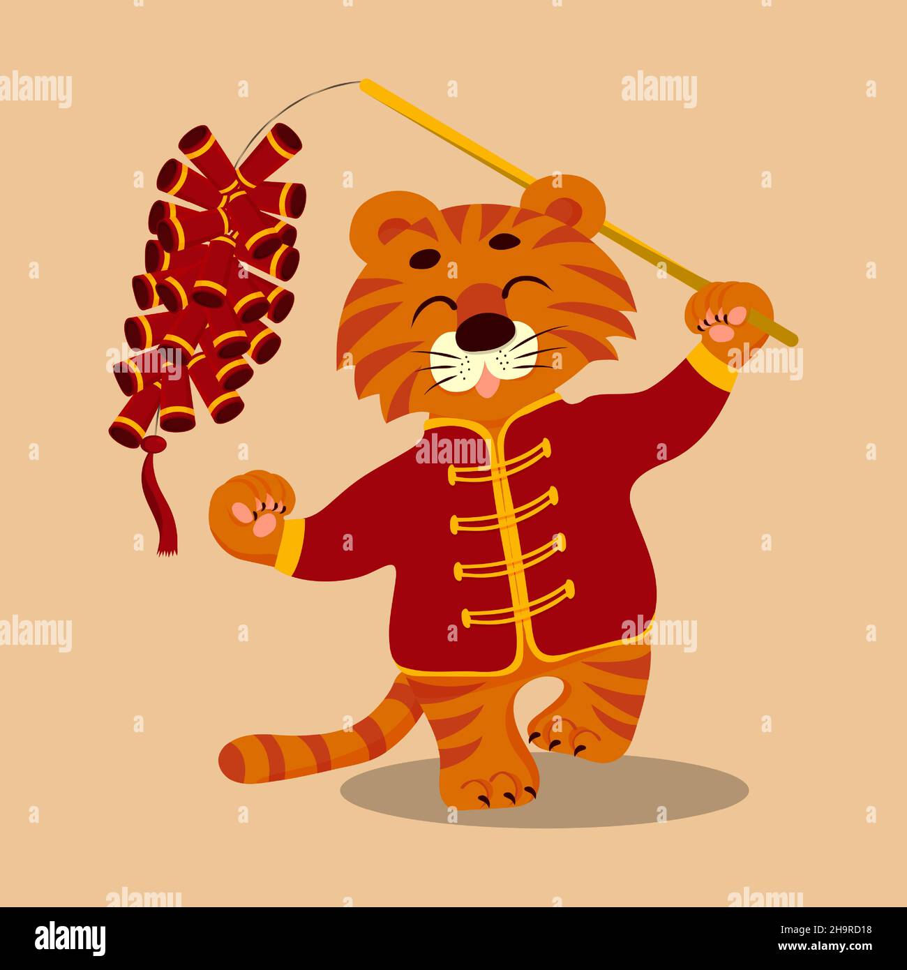 Chinese cartoon cute tiger with firecrackers. Chinese 2022 year sign. Korea lunar new year. Holiday banner poster. Vector flat illustration. Happy new Stock Vector
