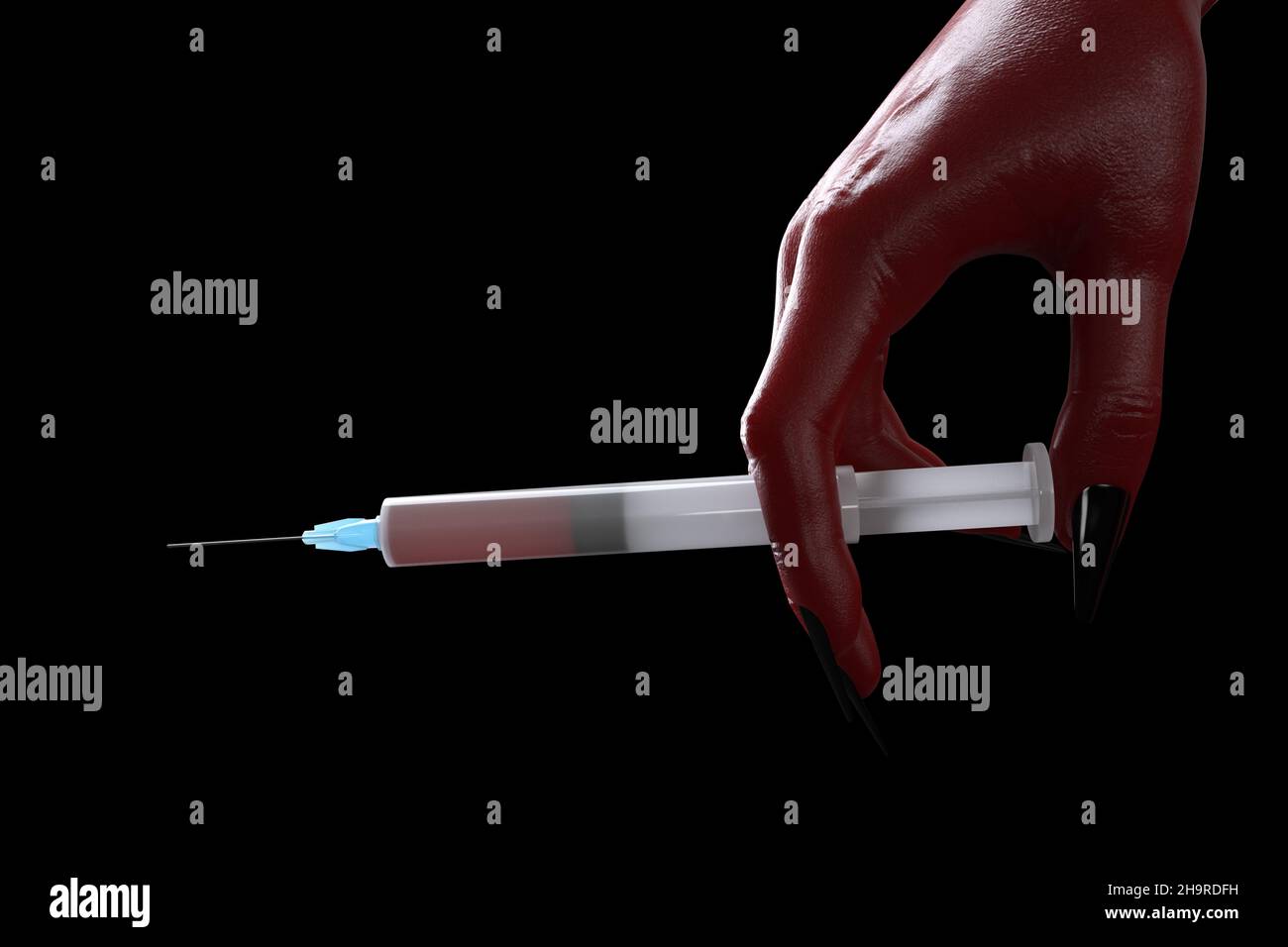 Devil hand holding syringe filled with his blood on black background, 3D Render Stock Photo
