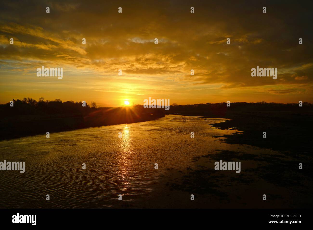 sunrise over flooded river ouse at bubwith yorkshire united kingdom Stock Photo