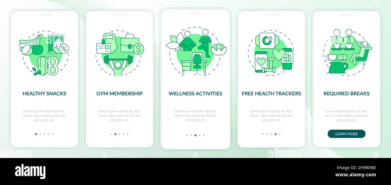Health and wellbeing perks onboarding mobile app page screen Stock ...