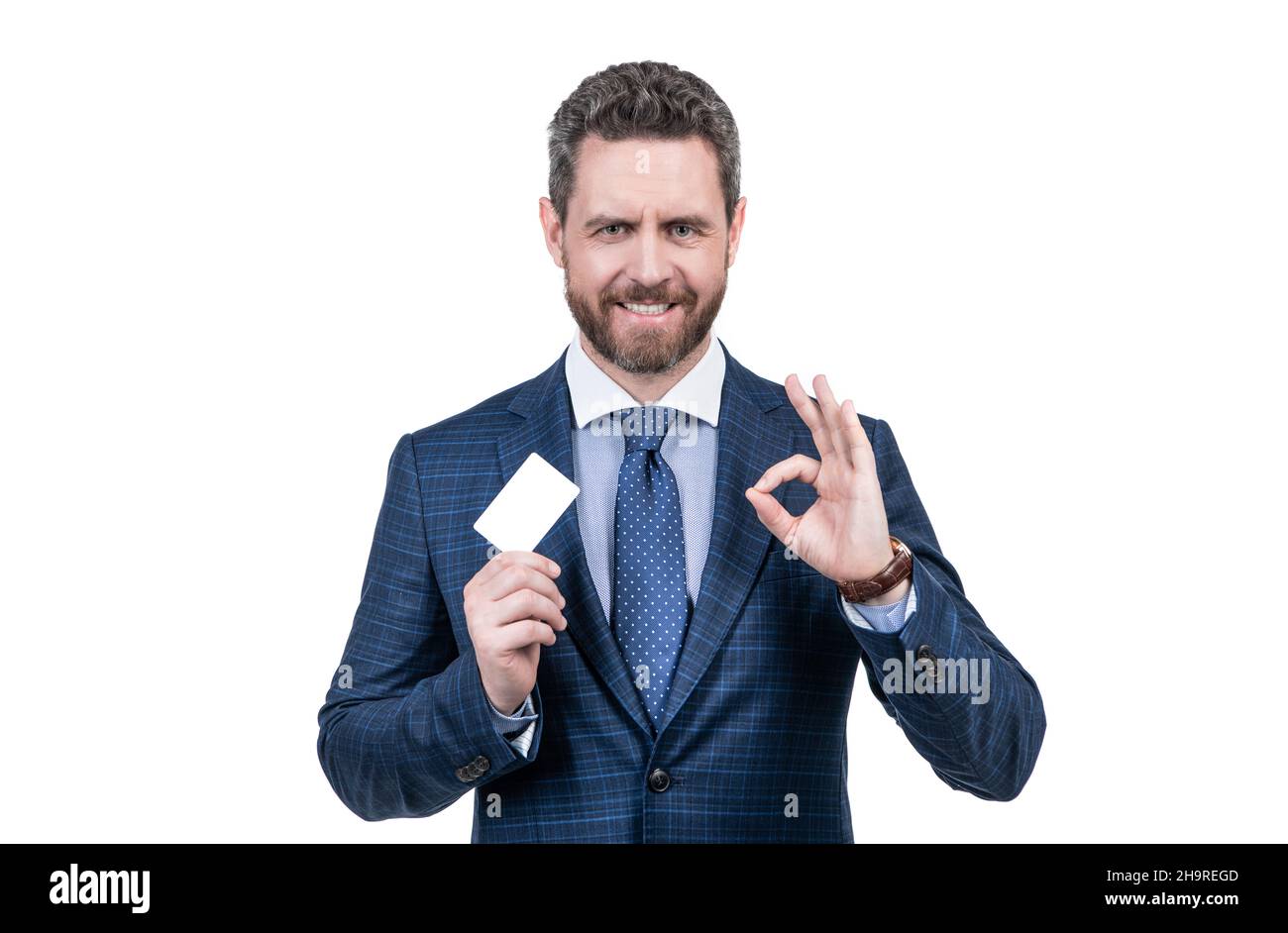 empty plastic business name card. successful ceo suggest easy banking profit payment. Stock Photo
