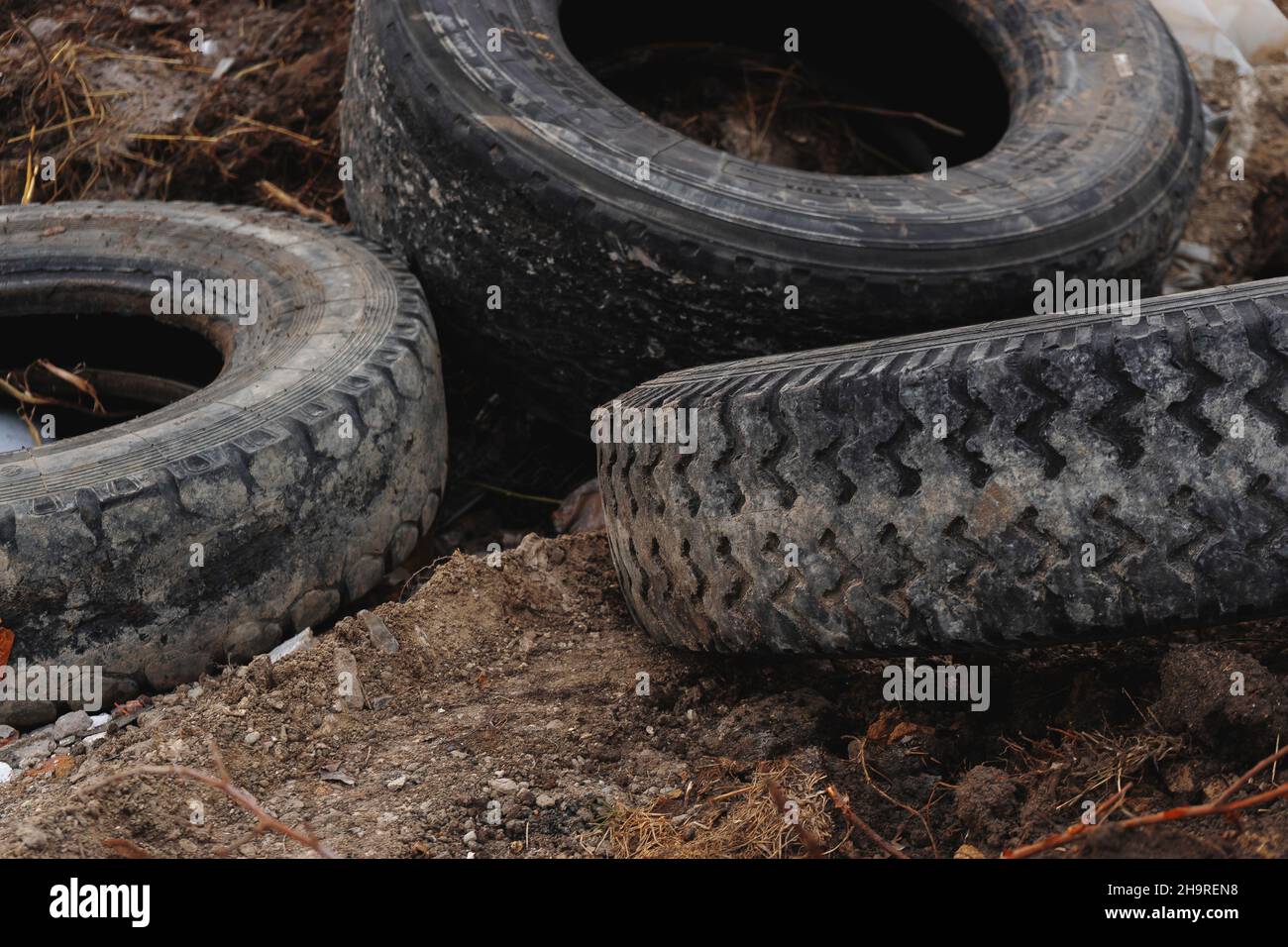 Old car tires are in a landfill. environmental pollution Stock Photo