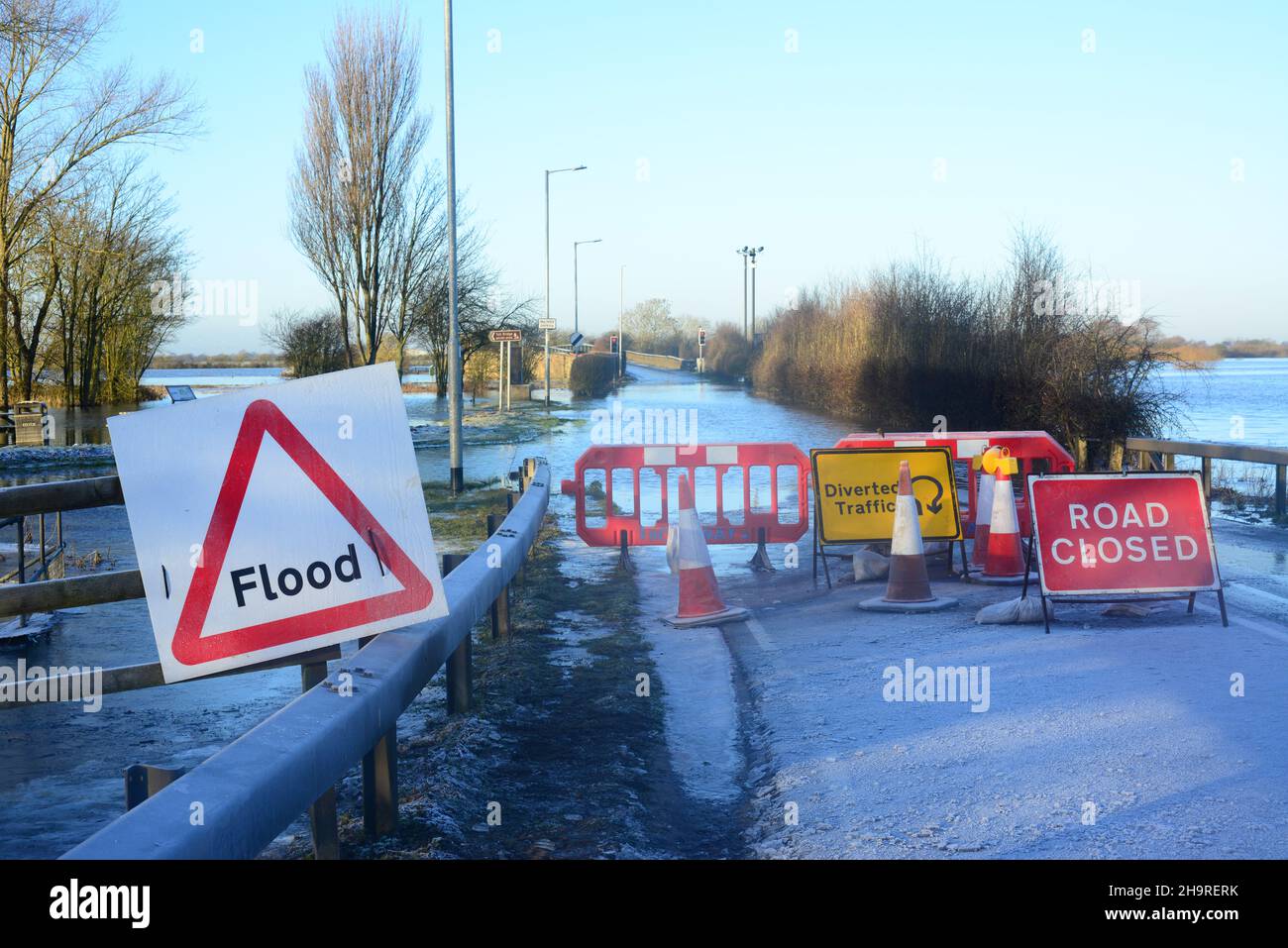 road closed due to flooding at bubwith bridge after the river derwent burst its banks yorkshire united kingdom Stock Photo