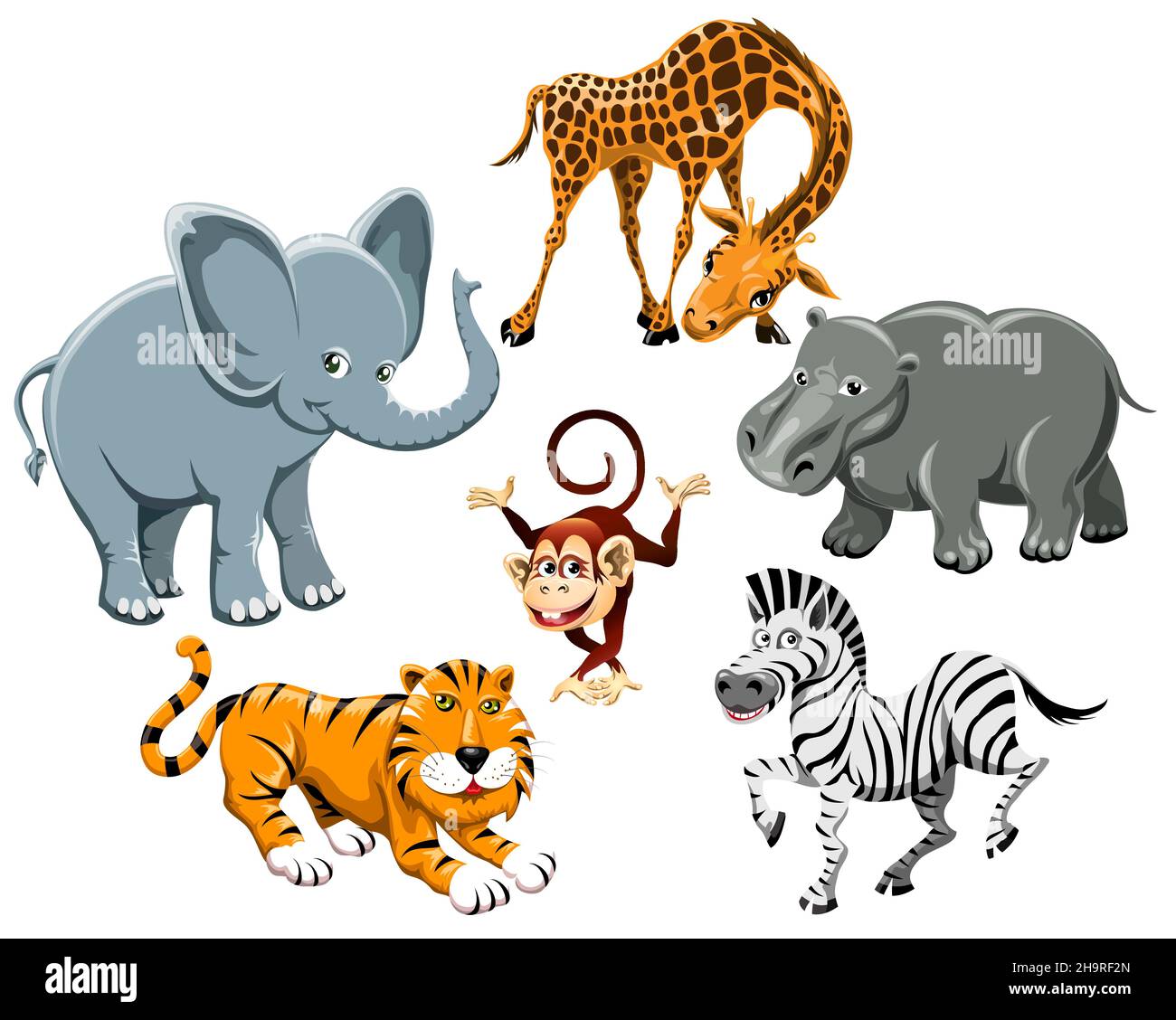 Set of Cartoon Wild Animals isolated on white. Giraffe, elephant, tiger, zebra, monkey, river-horse. Vector illustration. Stock Vector