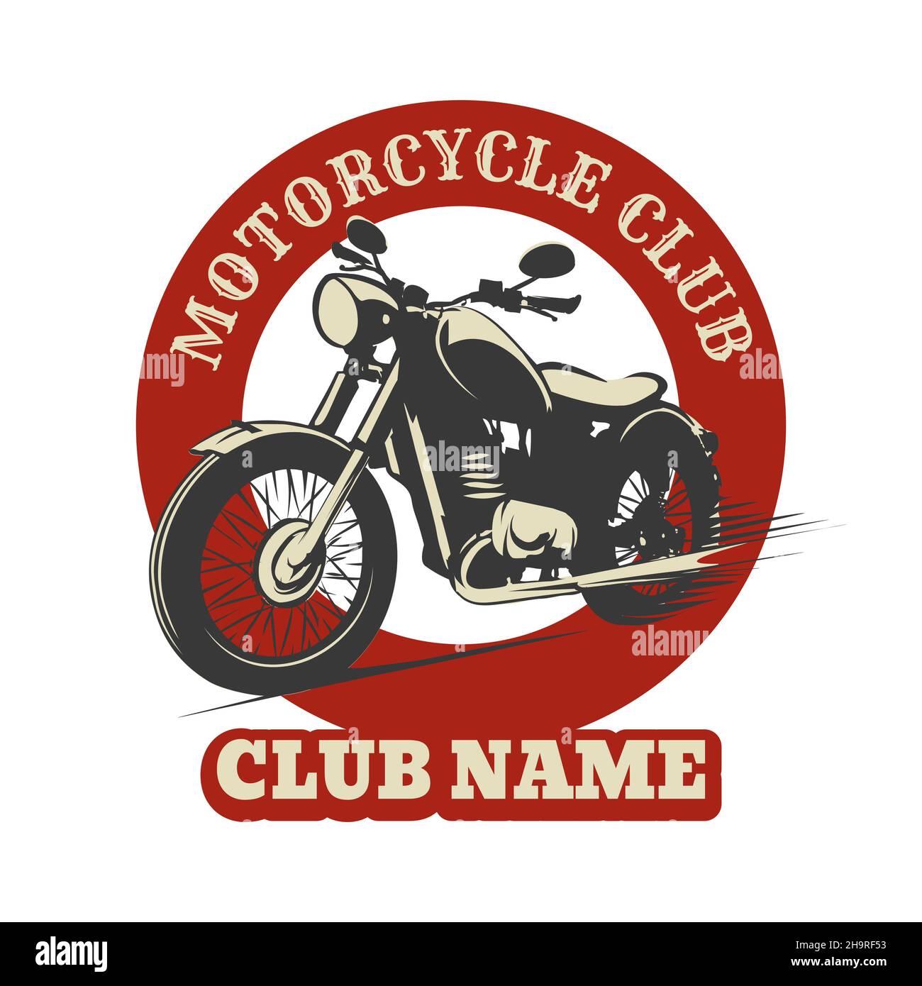Emblem of Motorcycle Club drawn in Retro style isolated on white. Vector illustration. Stock Vector