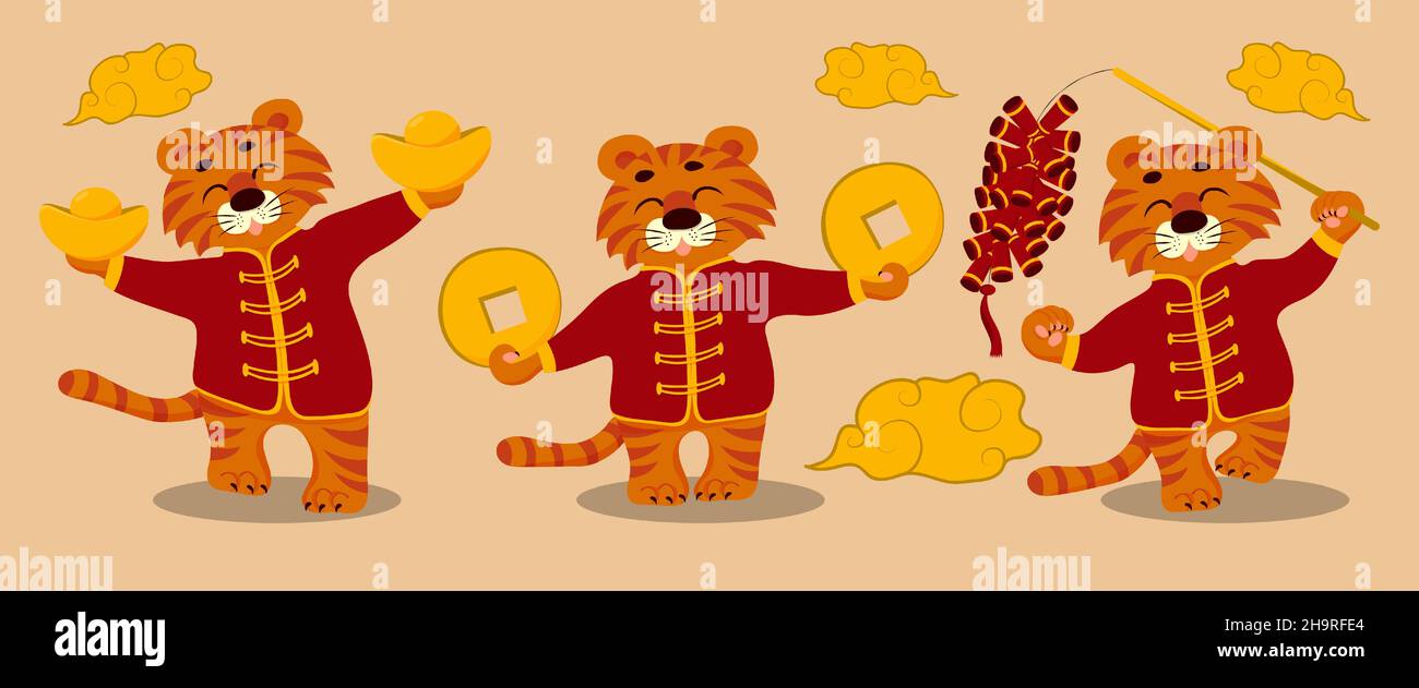A set of cartoon tiger cubs with traditional attributes of the Chinese New Year. Chinese 2022 year sign. Korea lunar new year. Holiday banner poster Stock Vector