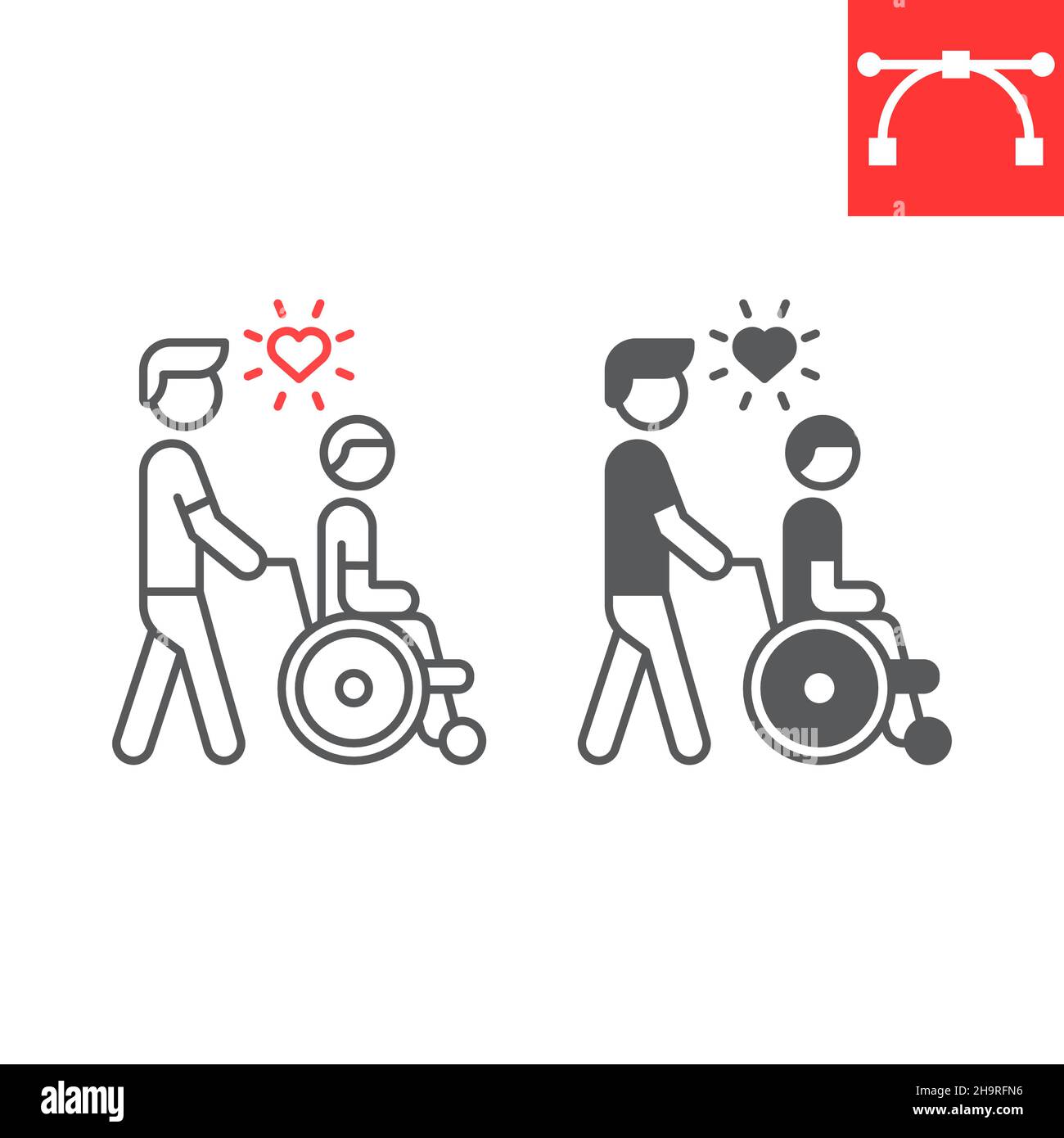 Disabled people help line and glyph icon, caretaker and volunteering, man take wheelchair man vector icon, vector graphics, editable stroke outline sign, eps 10. Stock Vector