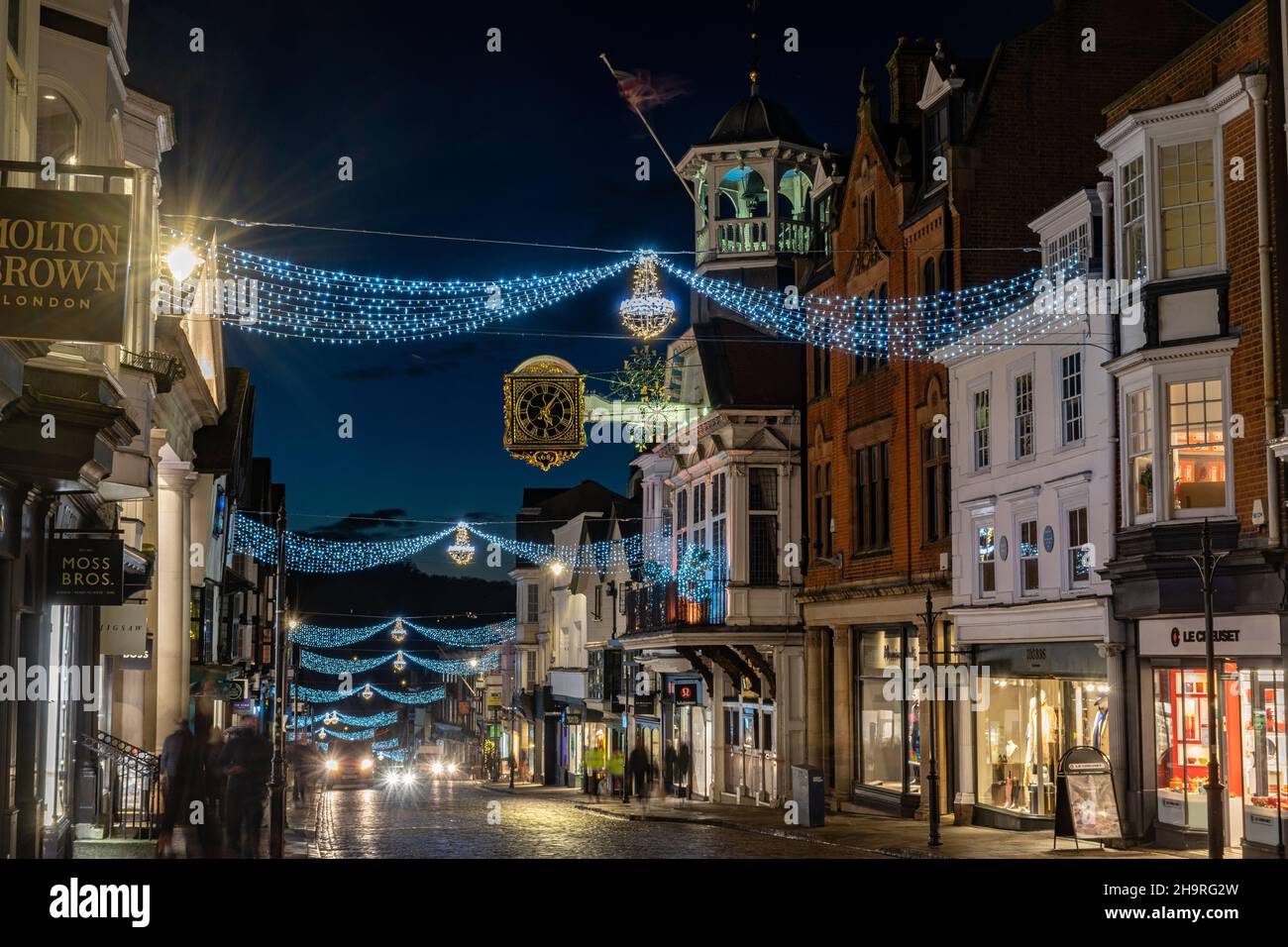 Christmas lights and decorations in Guildford High Street, town centre
