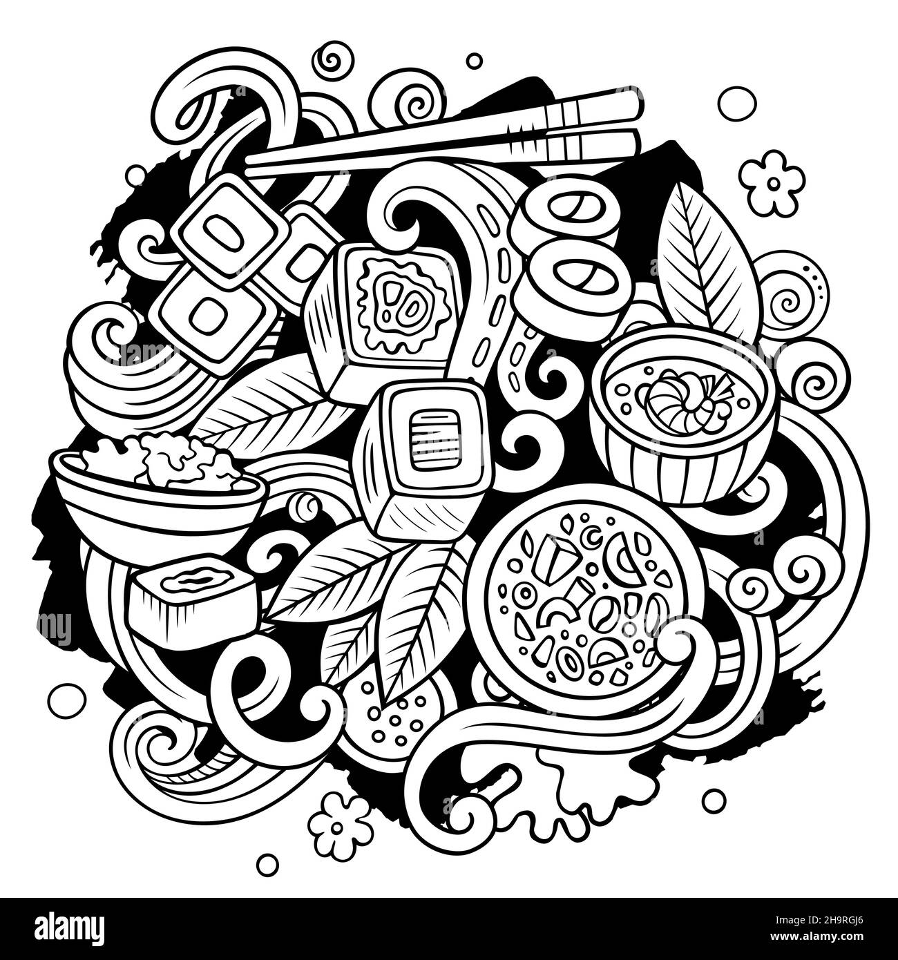 Cartoon vector doodles Japan food illustration. Sketchy, detailed, with lots of objects background. All objects separate. japanese cuisine funny pictu Stock Vector