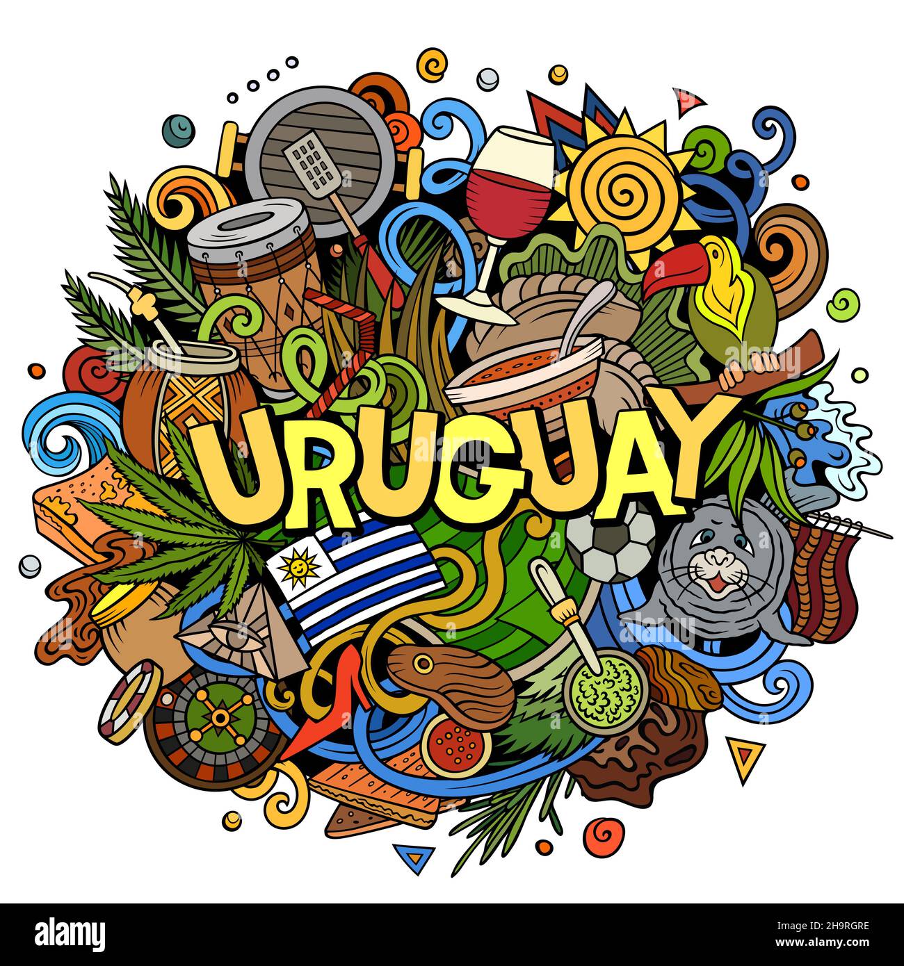 Uruguay hand drawn cartoon doodle illustration. Funny local design. Creative vector background. Handwritten text with Latin American elements and obje Stock Vector