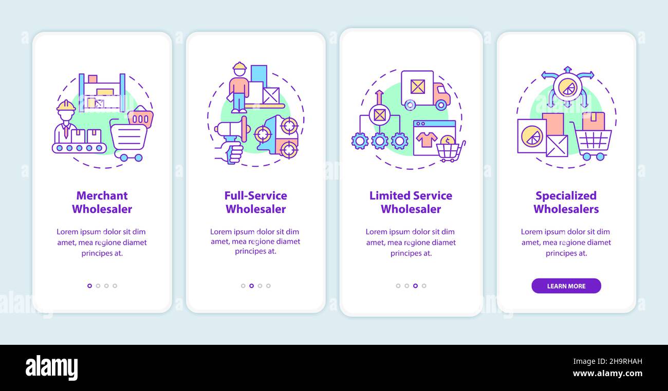 Types of wholesalers onboarding mobile app page screen Stock Vector ...