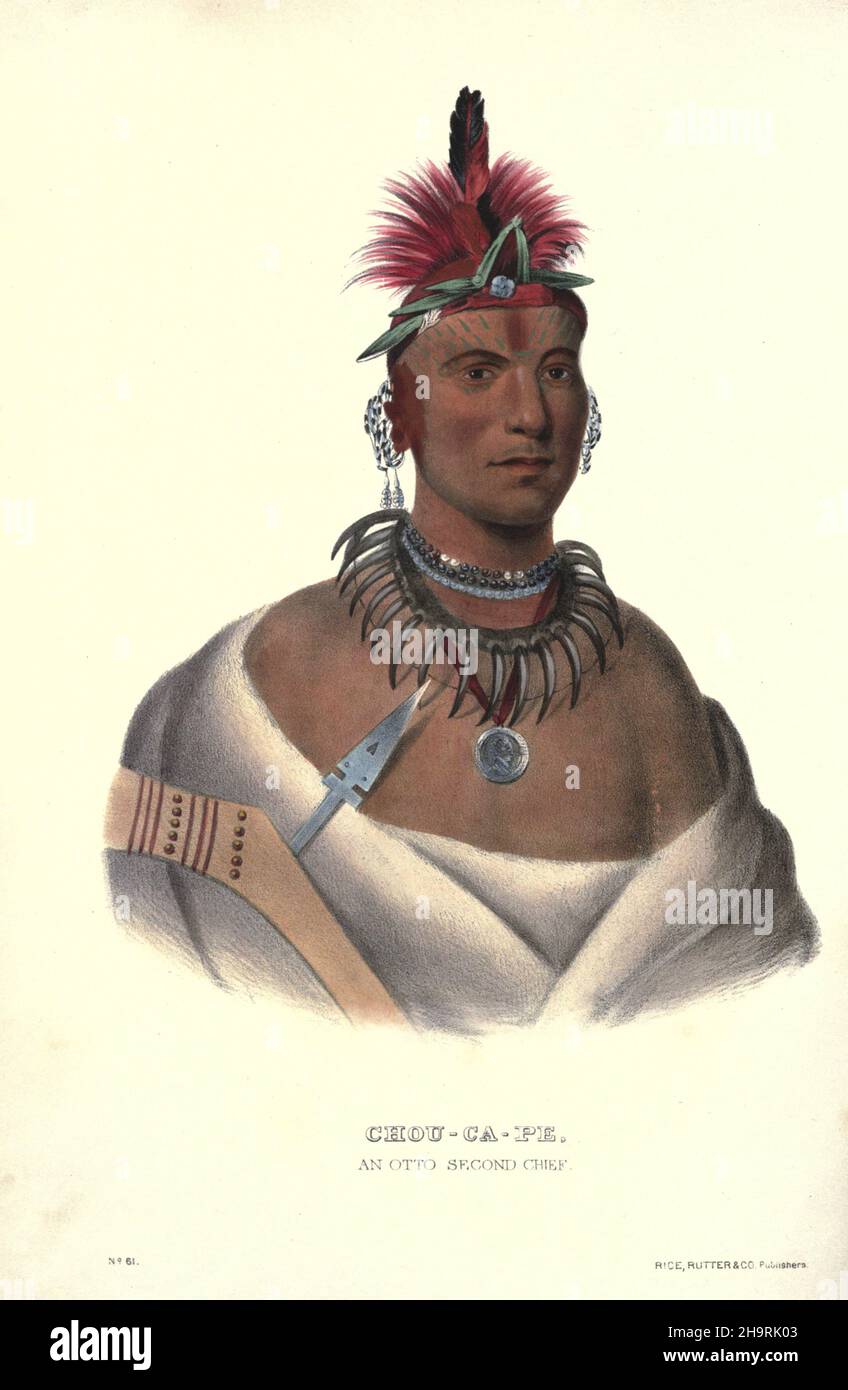 Chou-Ca-Pe [ Choncape ('Big Kansas'),] an Oto [also Otoe here as Otto] chief. Native American chief of the Oto tribe who was a representative for his people and attended a delegation to Washington. By Charles Bird King from History of the Indian Tribes of North America ca. 1837-1844, hand-colored lithograph on paper, Published by McKenney and Hall Stock Photo