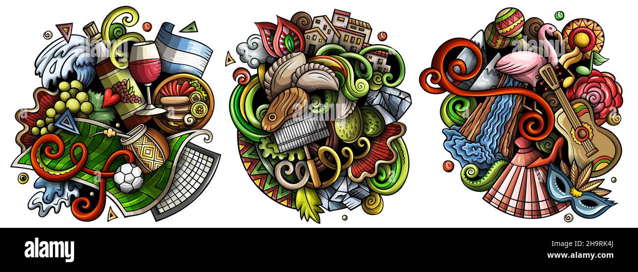 Argentina cartoon vector doodle designs set. Colorful detailed compositions with lot of traditional symbols. Isolated on white illustrations Stock Vector