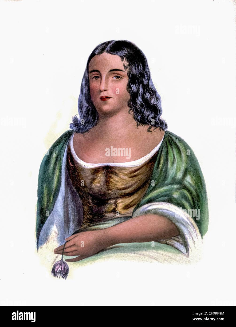 Portrait of PO-CA-HON-TAS [POCAHONTAS] born Amonute, known as Matoaka, c. 1596 – March 1617) was a Native American woman, belonging to the Powhatan people, notable for her association with the colonial settlement at Jamestown, Virginia. She was the daughter of Powhatan, the paramount chief of a network of tributary tribes in the Tsenacommacah, encompassing the Tidewater region of Virginia. By Charles Bird King from History of the Indian Tribes of North America ca. 1837-1844, hand-colored lithograph on paper, Published by McKenney and Hall Stock Photo