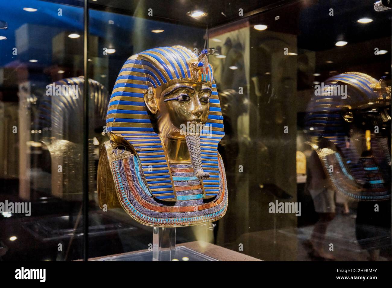 Copy of famous golden mask of young pharaoh Tutankhamun in Tutankhamun museum. Stock Photo