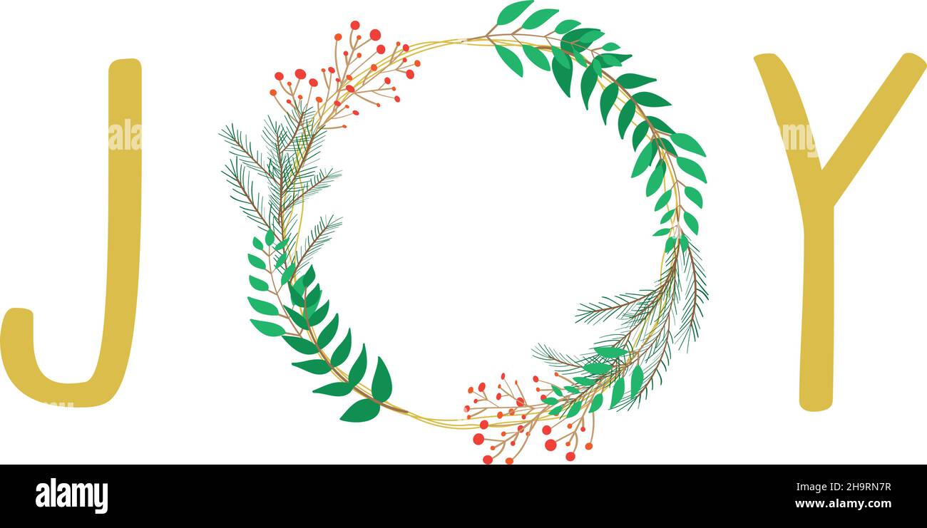 Joy christmas wreath vector drawing greeting card Stock Vector Image