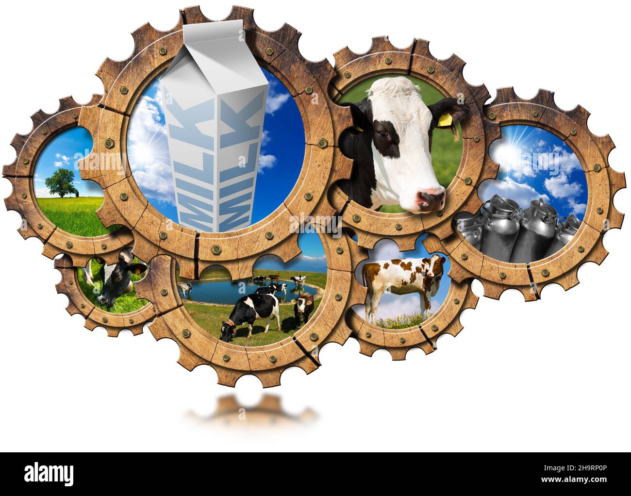 Group of wooden cogwheels with cows, green pasture, cans of milk and white packaging carton of milk, text Milk. Concept of the milk processing. Stock Photo