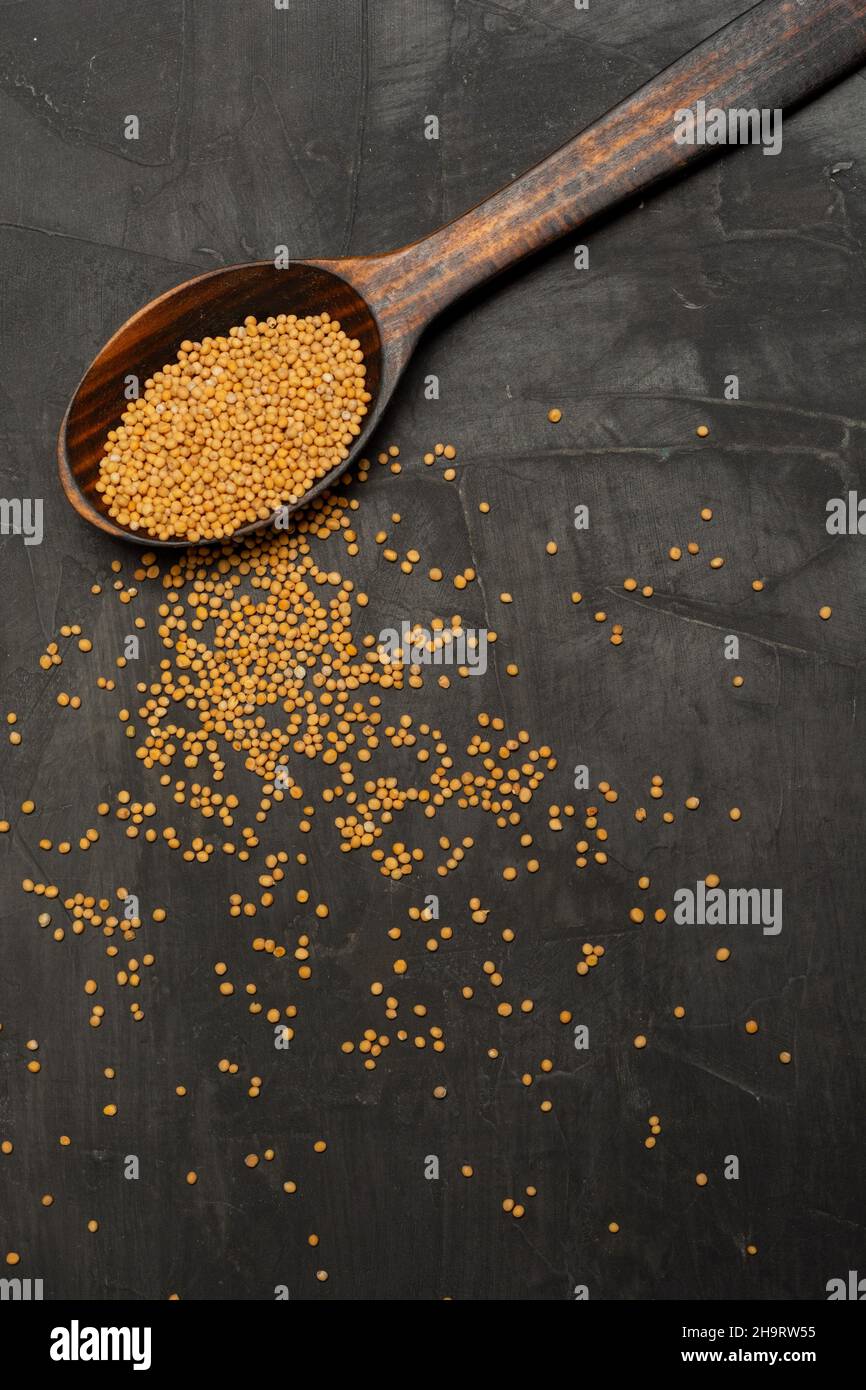 Yellow Raw Organic Mustard Seeds on wooden Spoon on dark concrete background Stock Photo