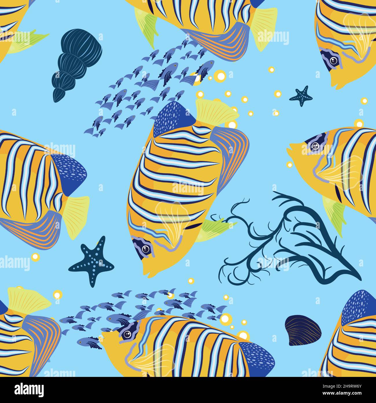 Emperor angelfish, Pomacanthus imperator seamless patterns, sea animal wildlife character. Nature underwater, marine wild ocean zoo fish Stock Vector