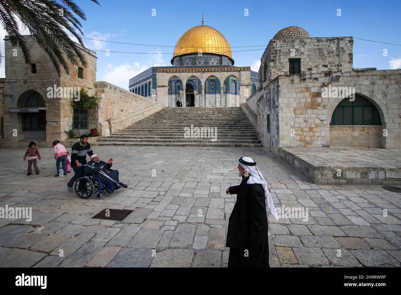 Mosque of Al-aqsa (Dome of the Rock) in Old Town. There are many historical buildings in the courtyard of Masjid Aksa Mosque. Stock Photo