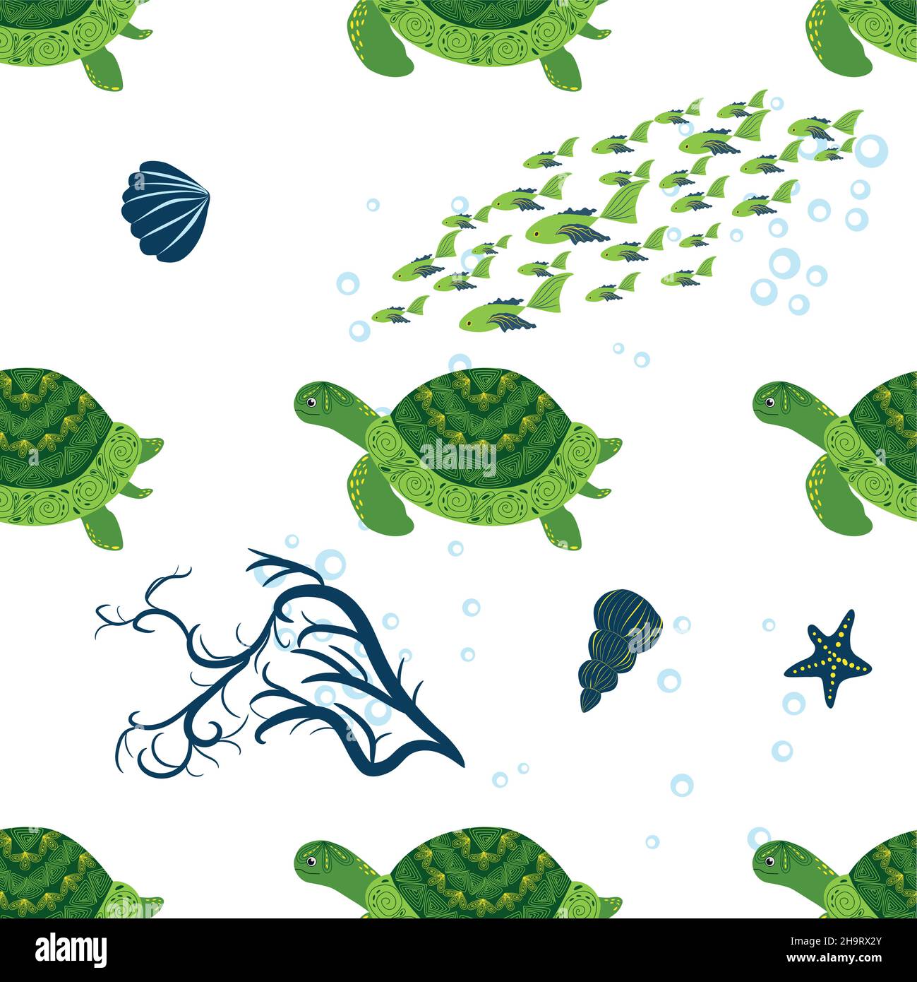 Turtle green seamless pattern, beautiful character among seashells ...
