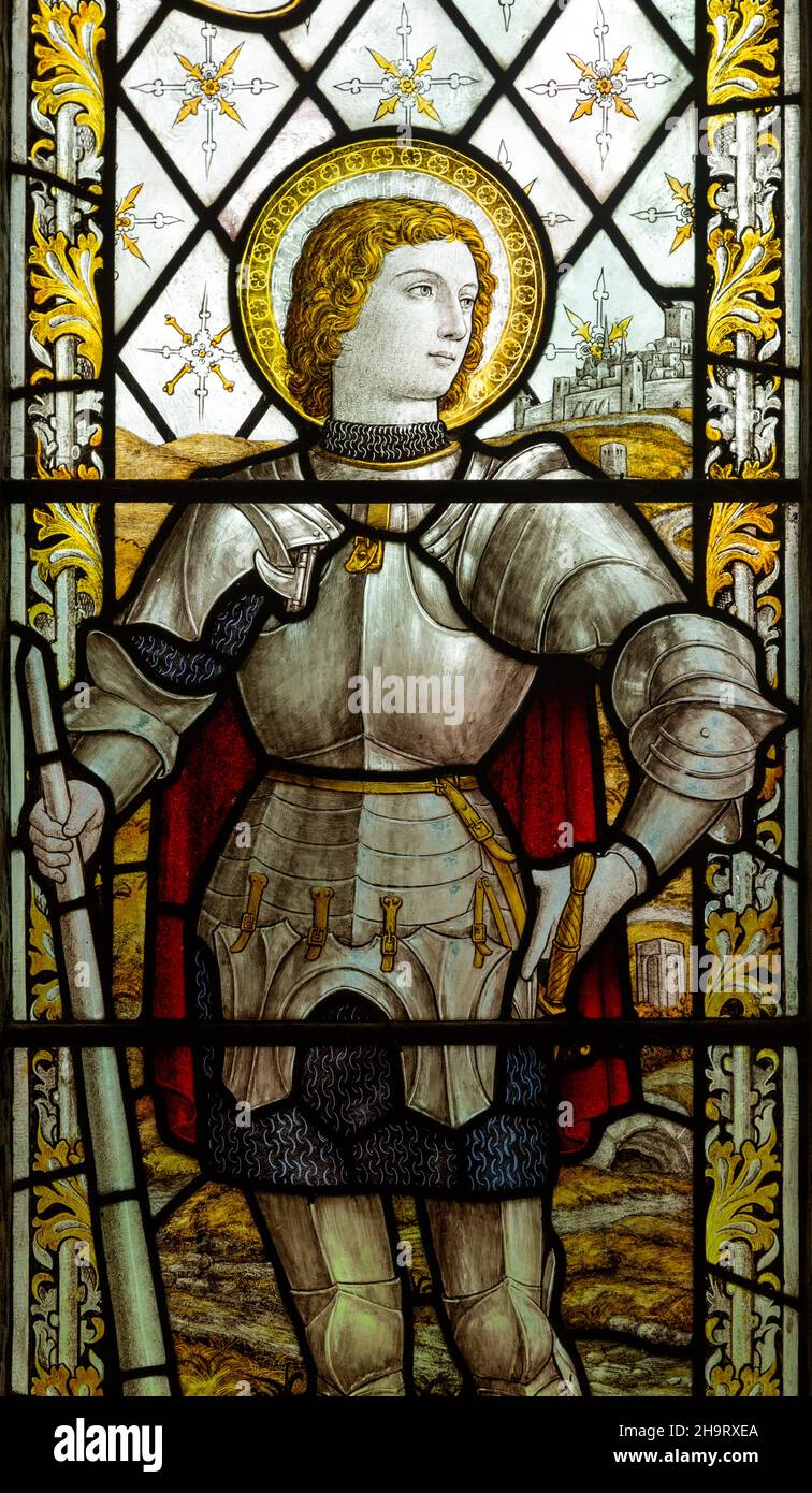 Stained glass window detail of Saint George, Edwardstone church, Suffolk, England, UK c 1915 by Burlison & Grylls war memorial Corry family Stock Photo