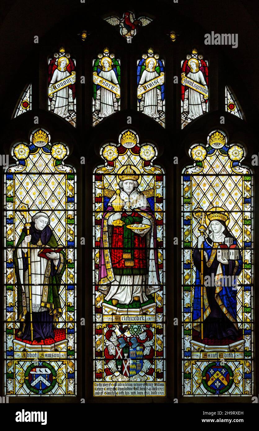 Stained glass window of Melchizedck with Abbot Samson and Saint Edith,  Edwardstone church, Suffolk, England, UK possibly by Burlison & Grylls c 1927 Stock Photo