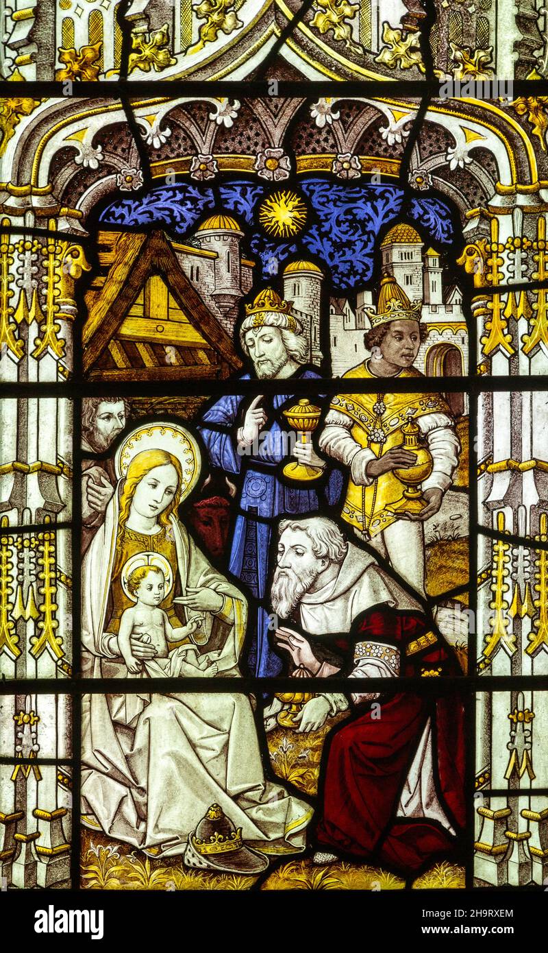 Detail of stained glass window depicting adoration of Magi, Edwardstone church, Suffolk, England, UK c 1877 by Burlison & Grylls Stock Photo
