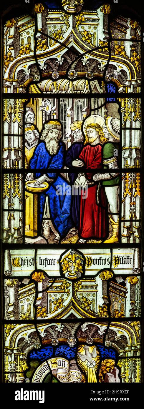 Detail of stained glass window depicting Christ before Pontius Pilate, Edwardstone church, Suffolk, England, UK c 1877 by Burlison & Grylls Stock Photo
