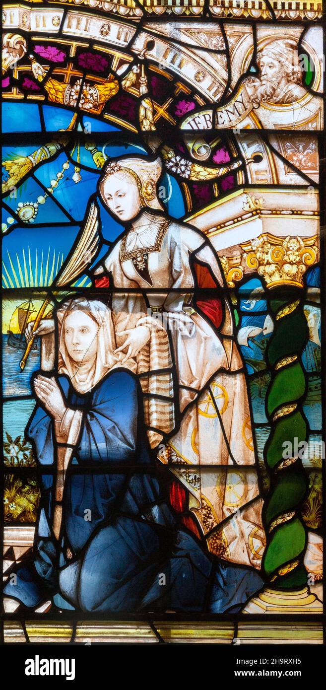 Renaissance Flemish style stained glass window detail of with two women, by J. Fisher c 1903, Barsham church, Suffolk, England, UK Stock Photo