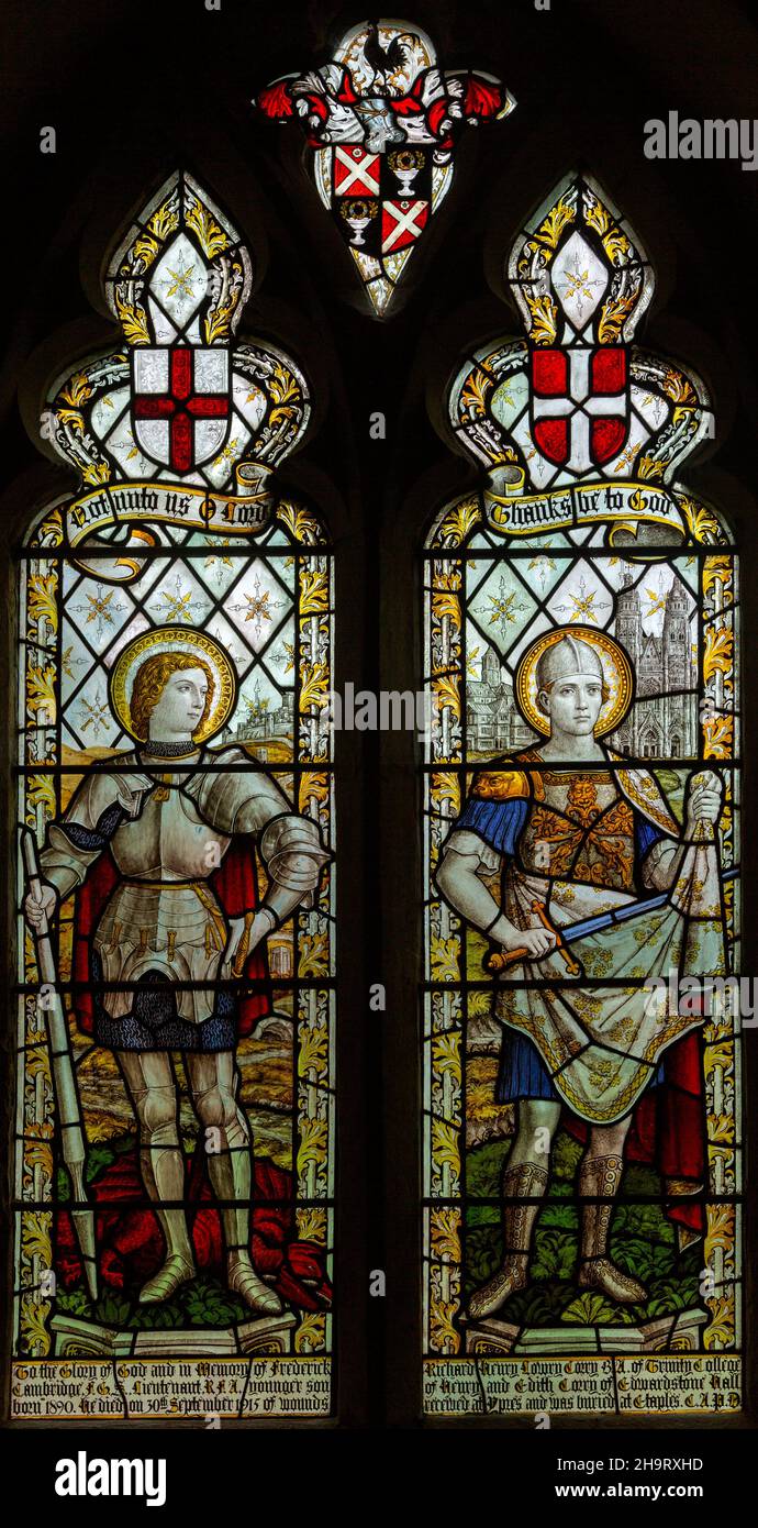 Stained glass window of Saint George and Saint Martin, Edwardstone church, Suffolk, England, UK c 1915 by Burlison & Grylls  war memorial Corry family Stock Photo