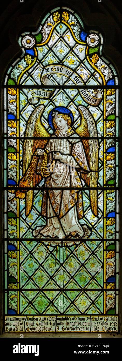 Stained glass window of winged censing angel, Edwardstone church, Suffolk, England, UK c 1918 by Burlison & Grylls Stock Photo