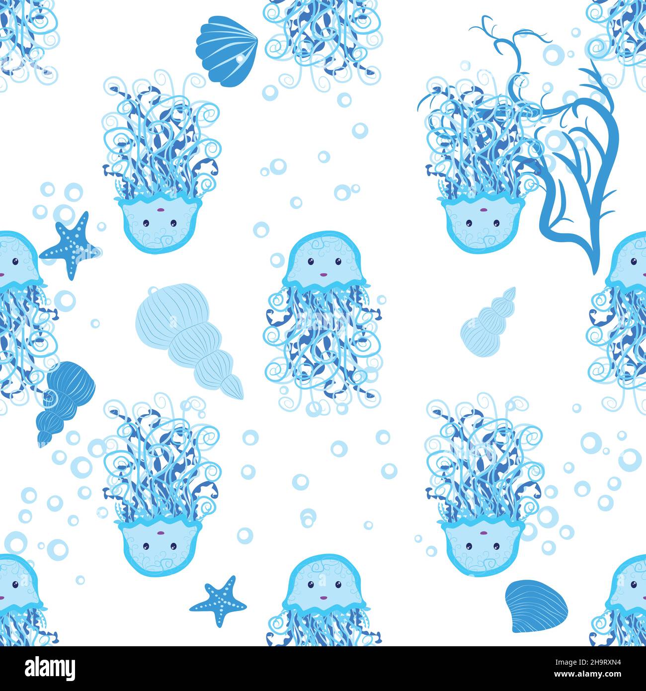 Jellyfish, fish, animals bright seamless patterns. Sea travel, snorkeling with animals, tropical fish Stock Vector