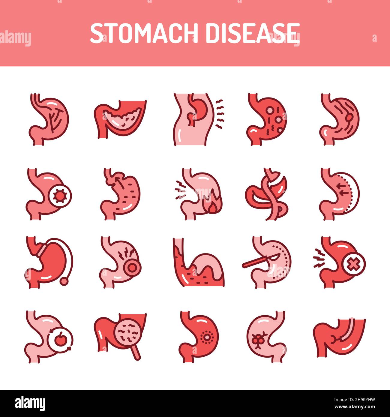 Stomach diseases line icons set. Isolated vector element. Stock Vector